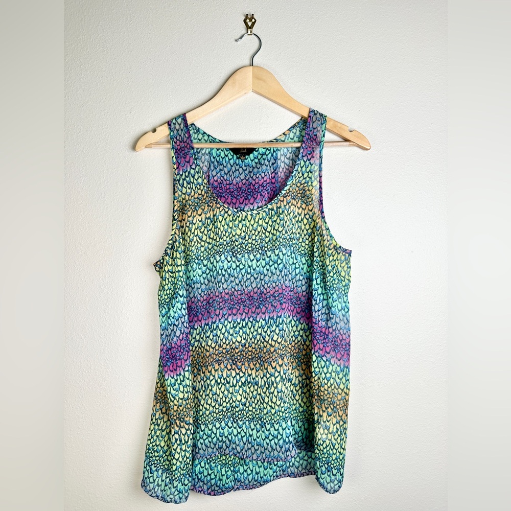 Jack by BB Dakota Colorful Feather Patterned Sheer Split Back Tank Top Sz L